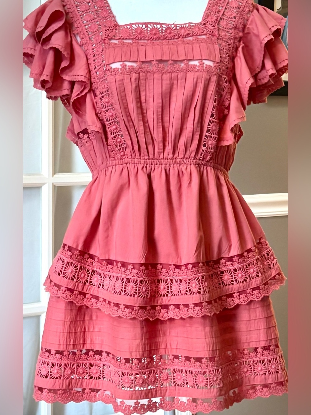 Lulus Pink Lace Ruffle Mini Dress Tiered Boho Cottagecore Small